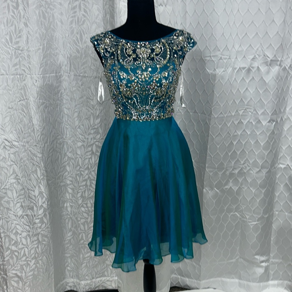 teal fit to flair rhinestoned dress low back